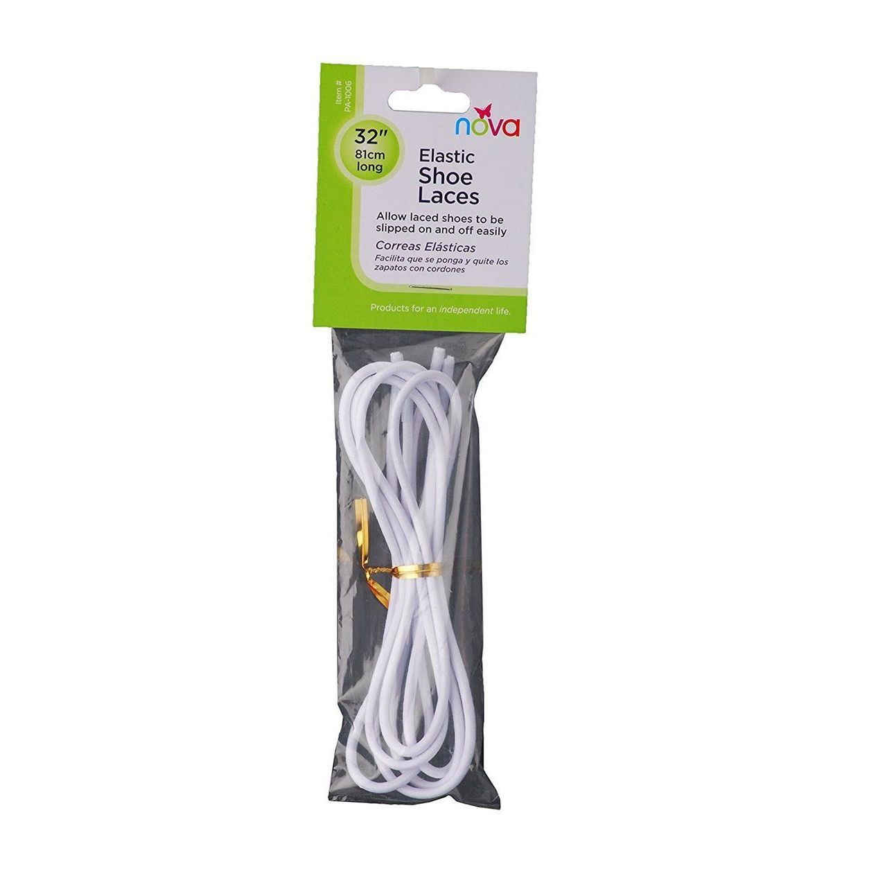 White Nova 32-inch elastic shoelaces by Pasteur Pharmacy, displayed on a pair of sneakers.