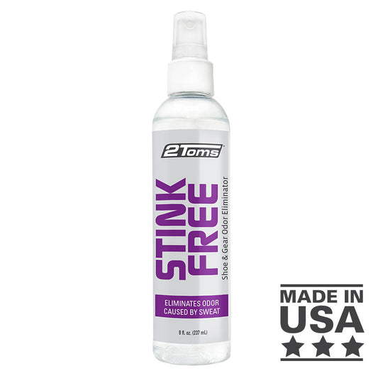 2Toms Stink Free 8 oz spray bottle shoe and gear odor remover, designed to eliminate odors from shoes and athletic gear.