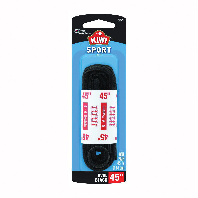 Black athletic shoe laces from Kiwi Sport, 45 inches long, designed for athletic shoes and compatible with various sneaker styles.