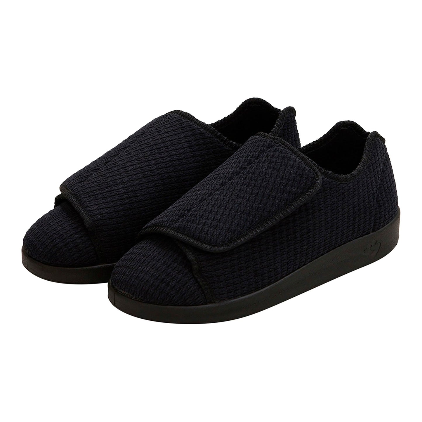 Black Silverts slippers by Pasteur Pharmacy, size 12, 2X-wide, comfortable slip-on shoes with soft fabric and sturdy soles.