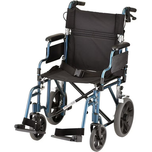 Blue NOVA lightweight transport wheelchair with 12-inch rear wheels, removable flip-up arms, and anti-tippers.