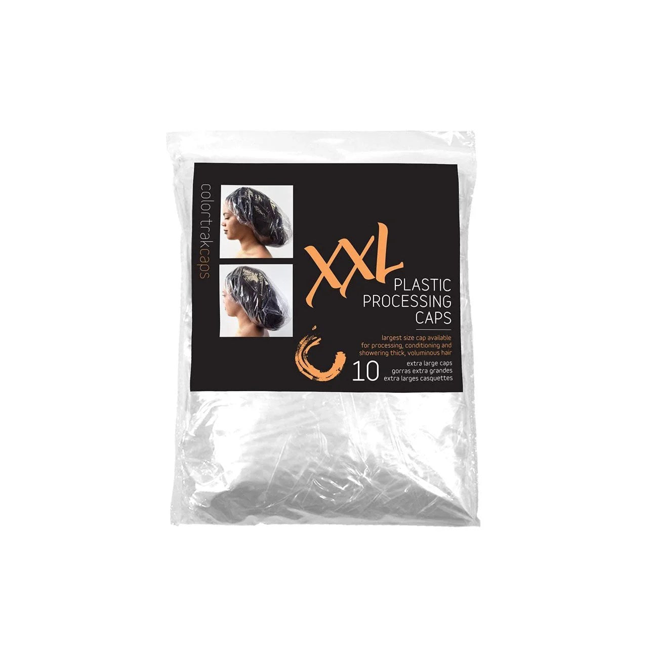 Clear disposable processing caps from Colortrak, designed for hair processing or shower use, in a transparent plastic material.