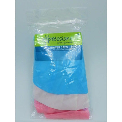 Set of three Pasteur Pharmacy Expressions Shower Caps in clear, waterproof material for hair protection during showers.