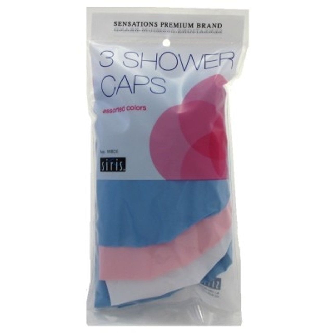 Siris BL 3 shower caps in assorted colors, made of waterproof material, designed for hair protection during showers.