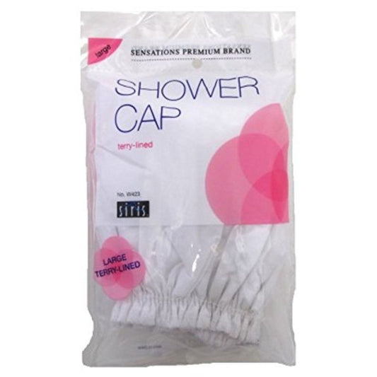 Large Siris shower cap by Pasteur Pharmacy with terry-lined vinyl material in assorted colors, ideal for hair protection during showers.