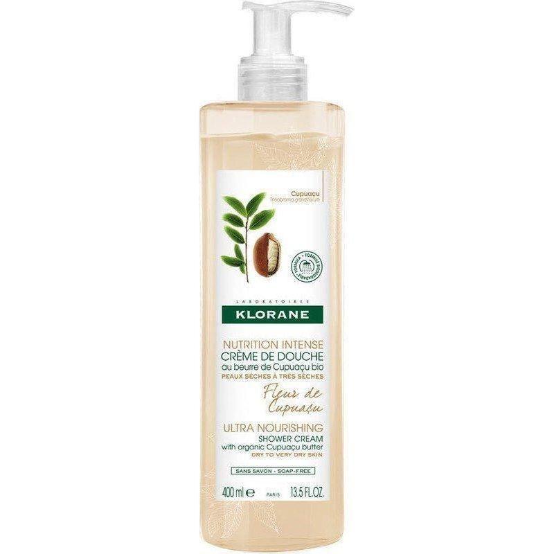 Klorane Cupuacu Shower Cream in a 13.5 oz bottle, featuring a creamy formula for gentle skin cleansing.