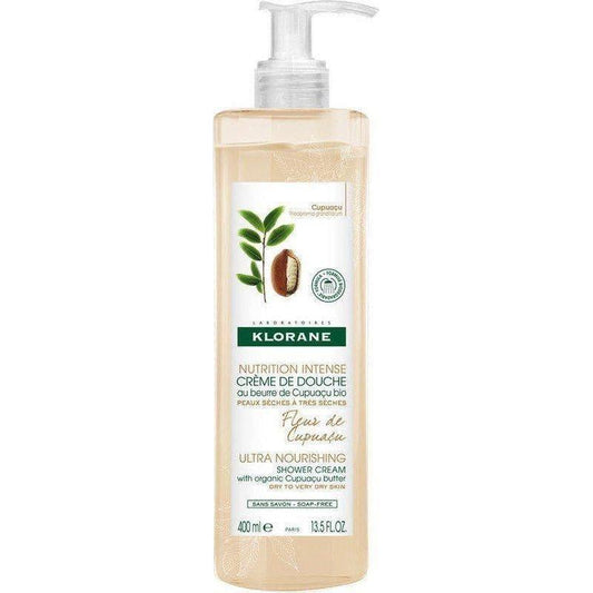 Klorane Cupuacu Shower Cream in a 13.5 oz bottle, featuring a creamy formula for gentle skin cleansing.