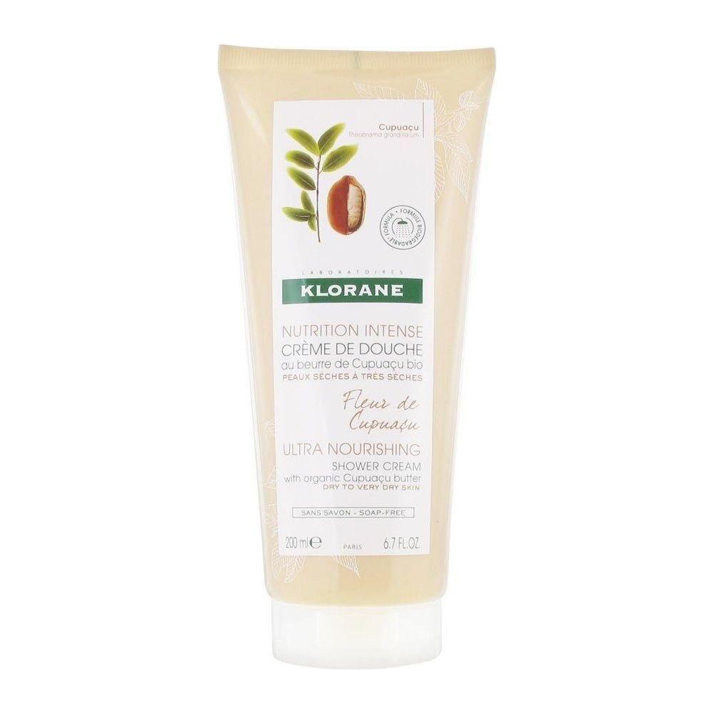 Klorane Ultra Nourishing Shower Cream with Organic Cupuacu Flower in 6.7 oz bottle, creamy texture and floral scent visible.