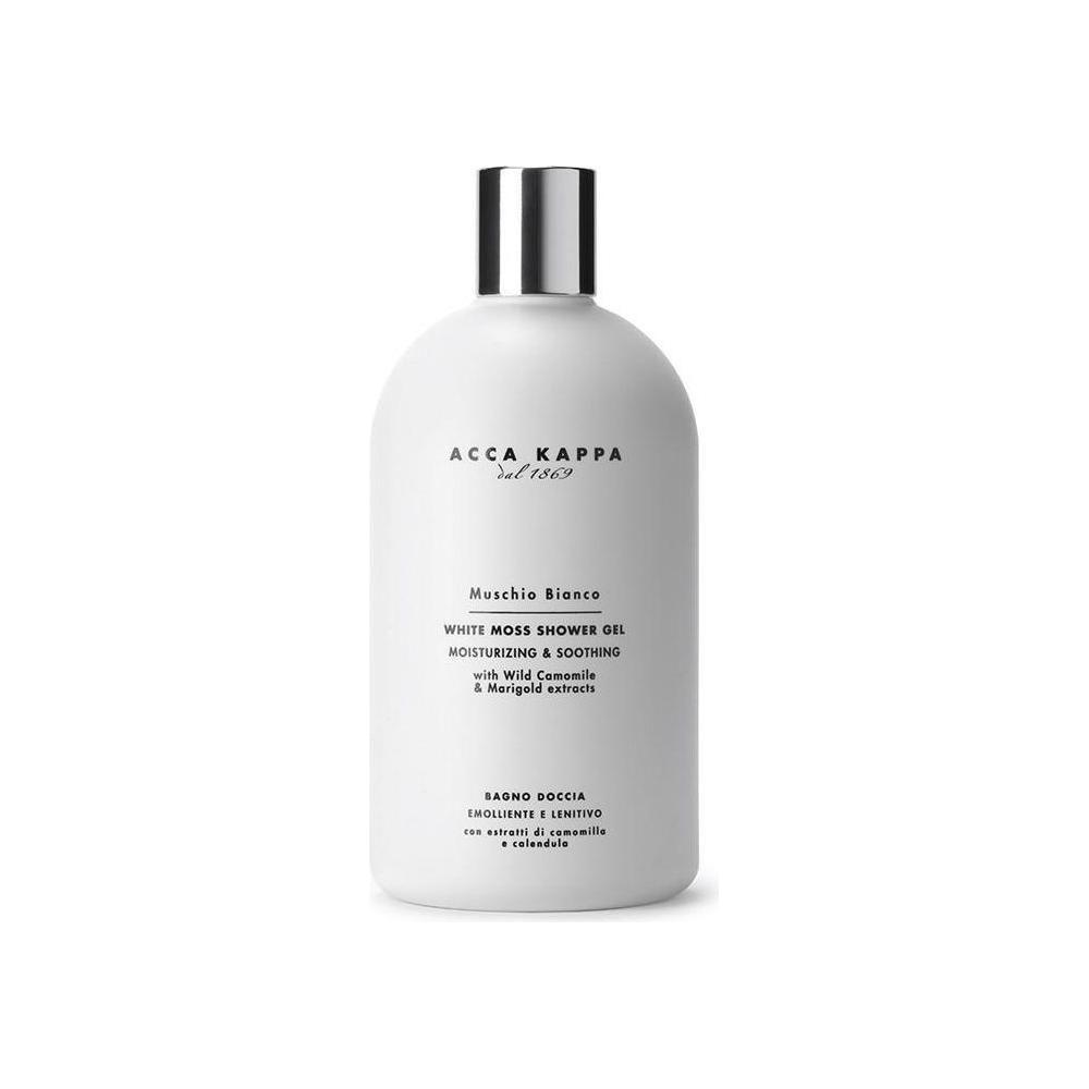 Acca Kappa White Moss Shower Gel in a 17 oz bottle, featuring a clear gel formula with a fresh, mossy scent.