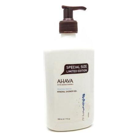 Ahava Dead Sea Water Mineral Shower Gel in 17 oz bottle, limited edition, with a clear bottle and label featuring Dead Sea minerals