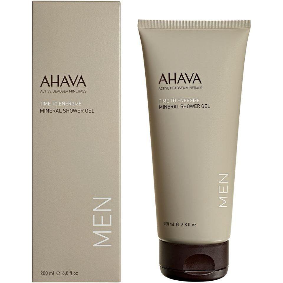 Ahava Men Time To Energize Mineral Shower Gel in 6.8 oz bottle, natural ingredients, clear packaging with branding and product label.
