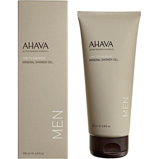 Ahava Men Time To Energize Mineral Shower Gel in 6.8 oz bottle, natural ingredients, clear packaging with branding and product label.