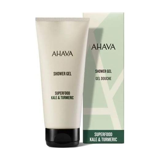 Ahava Superfood Kale & Turmeric Shower Gel in 6.8 oz bottle, natural skincare product for nourishing shower experience