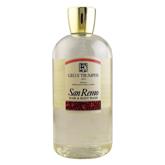 Geo. F. Trumper San Remo Shower Gel in 100ml bottle, featuring a sleek design and label with green and white accents.