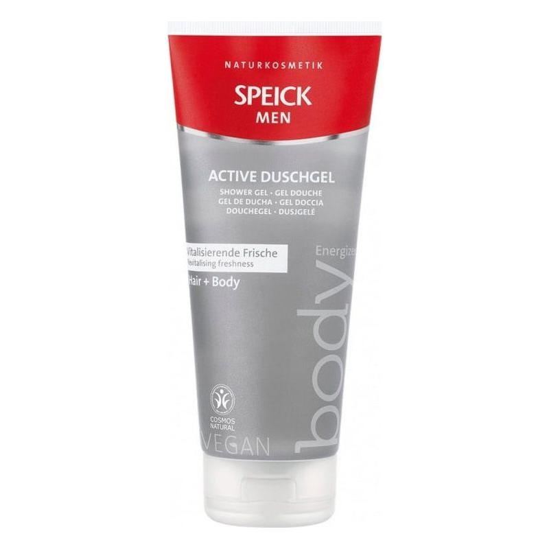 Speick Active Hair and Body Shower Gel in 200ml bottle with clear label, designed for cleaning hair and skin.