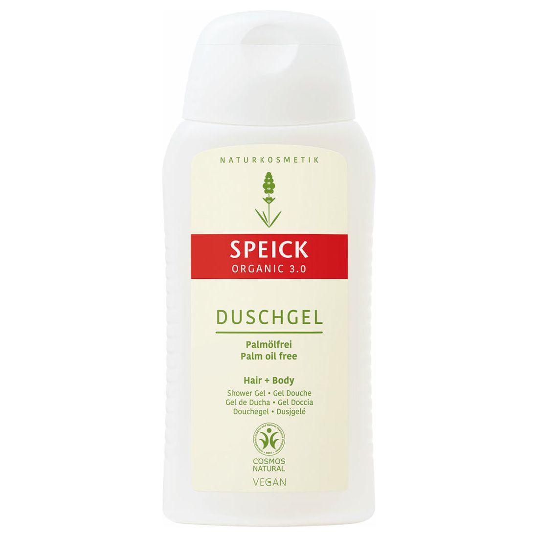 Speick Organic 3.0 Hair & Body Shower Gel in 200ml bottle, natural formula, clear liquid with label branding.