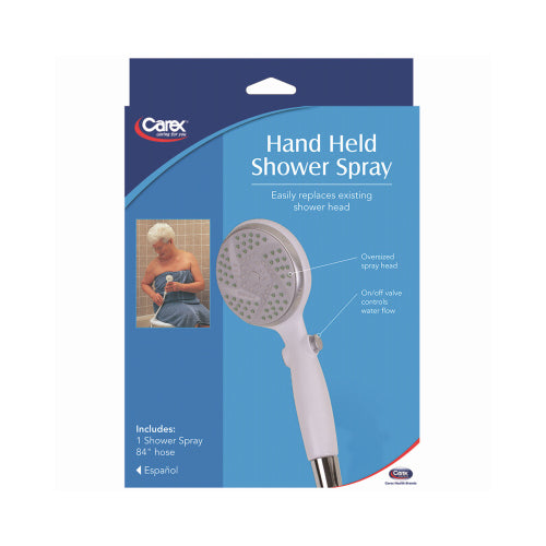 Carex handheld shower head with 84-inch hose, chrome finish, and adjustable spray settings for flexible showering.