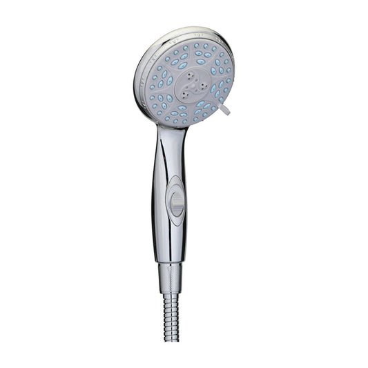 Chrome hand-held shower with five functions, part of Pasteur Pharmacy's deluxe shower parts collection, featuring adjustable spray options.