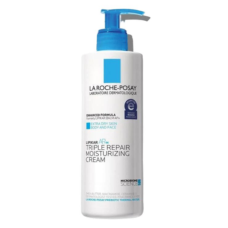 La Roche-Posay Lipikar AP+M Triple Repair Moisturizing Cream in 13.5 oz jar, soothing skin care balm for dry skin.