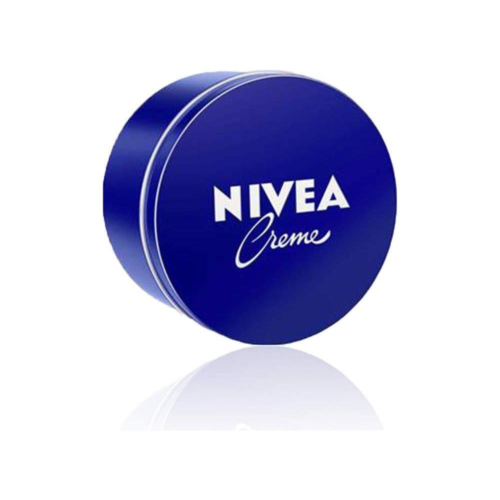 Nivea Creme skin care cream in 250ml jar, smooth and moisturizing, shown in a white container with blue lid.