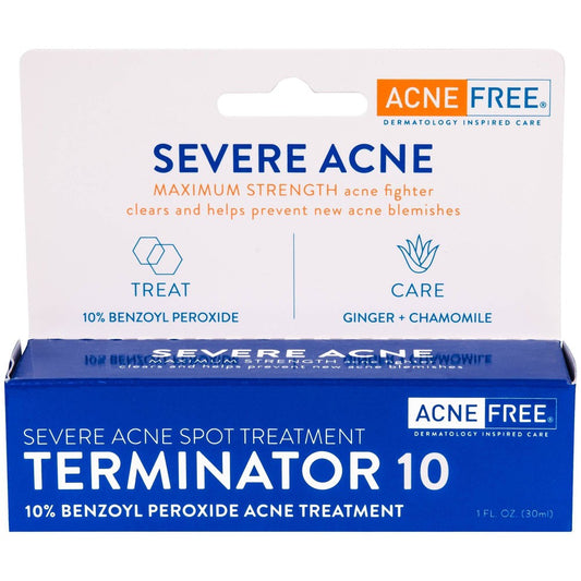 AcneFree Severe Spot Treatment Terminator 10 with 10% Benzoyl Peroxide in 1 oz bottle, skin care product for acne treatment