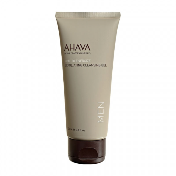 Ahava Men Time To Energize Exfoliating Cleansing Gel in a clear tube, designed for men's skincare and exfoliation.