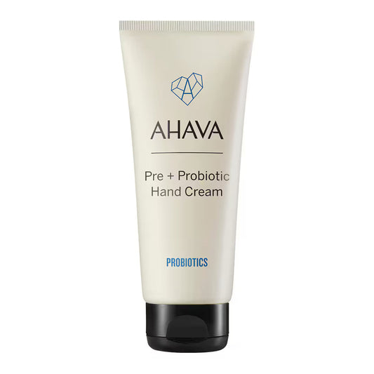 Ahava Pre + Probiotic Hand Cream in 3.38 oz tube, moisturizing skin care product with probiotic formula from Pasteur Pharmacy