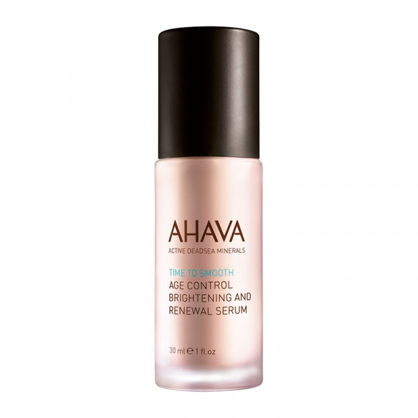 Ahava Time To Smooth Age Control Brightening and Renewal Serum in 30ml/1oz bottle, skin care product with sleek packaging
