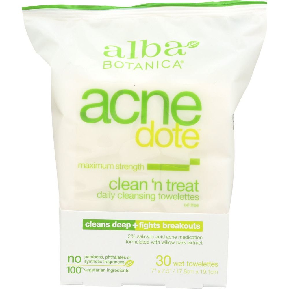 Alba Botanica ACNEdote Maximum Strength Cleansing Wet Towelettes, 30-count box, with natural ingredients for acne-prone skin.