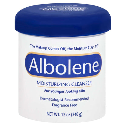 Albolene Moisturizing Cleanser Cream by Pasteur Pharmacy in a 12 oz jar, fragrance-free skin care product with smooth cream texture.