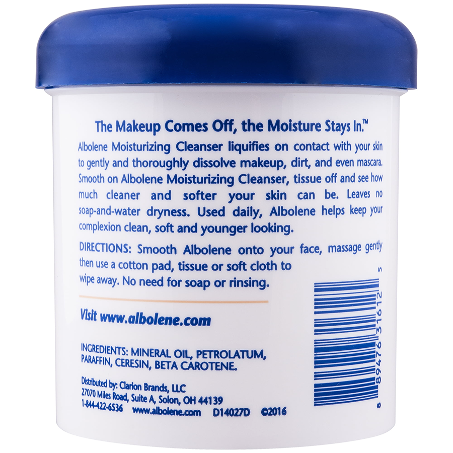 Fragrance-free Albolene Moisturizing Cleanser Cream in 12 oz jar, gentle skin care product by Pasteur Pharmacy