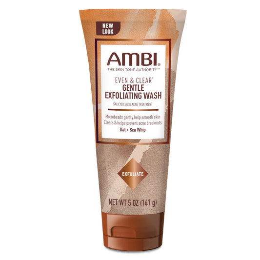 Scented Ambi Skincare Even & Clear Exfoliating Wash in a 5oz bottle, designed for skin cleansing and brightening.