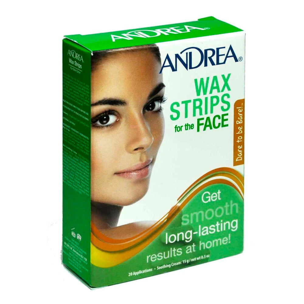 Andrea wax strips for facial hair removal, Pasteur Pharmacy skin care product, 20 strips with 0.5 oz of wax in the image.