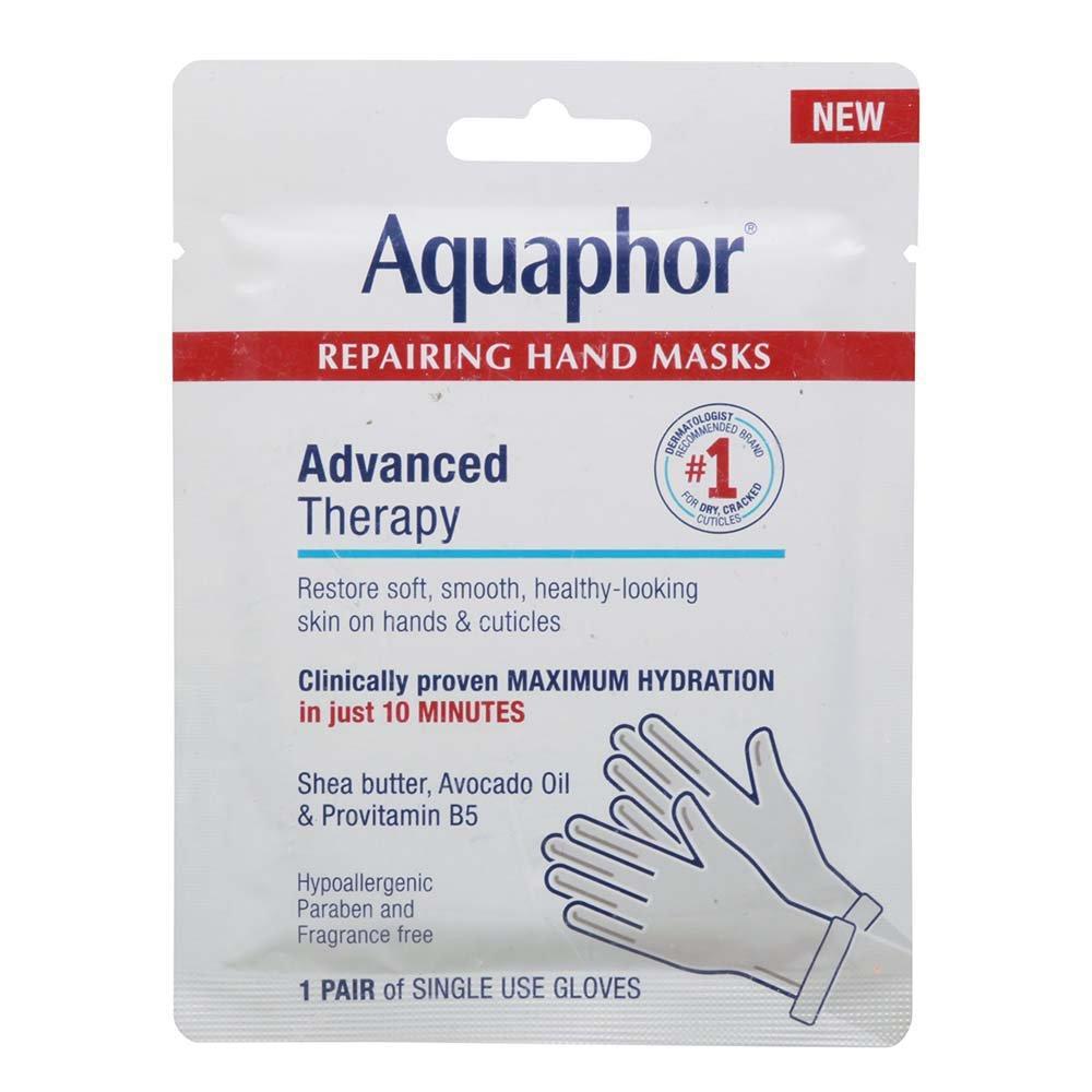 Aquaphor Advanced Therapy Repairing Hand Mask by Pasteur Pharmacy showing a nourishing hand treatment in a spa setting.