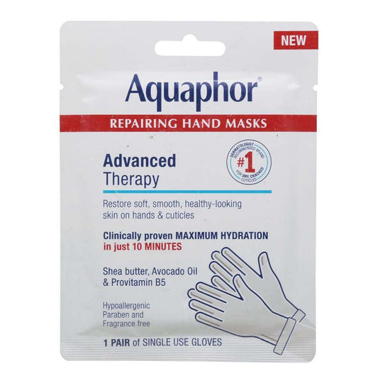 Aquaphor Advanced Therapy Repairing Hand Mask by Pasteur Pharmacy showing a nourishing hand treatment in a spa setting.