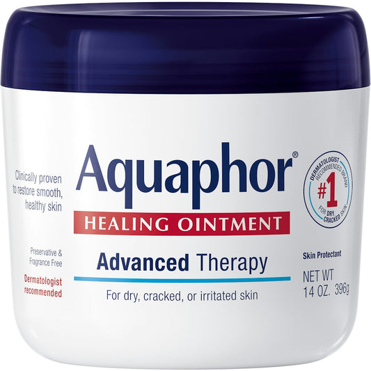 Aquaphor Healing Ointment by Pasteur Pharmacy for dry, cracked, or irritated skin in a 14-ounce jar.