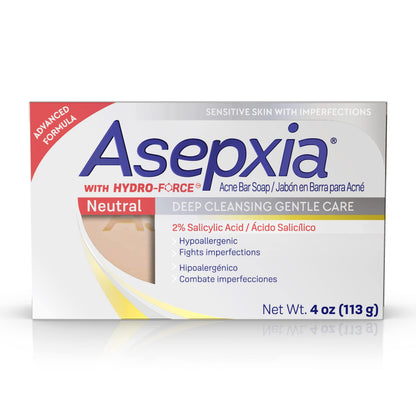 Asepxia Acne Treatment Neutral Hypoallergenic Bar Soap by Pasteur Pharmacy in a 4 oz package, designed for skin care and acne relief.