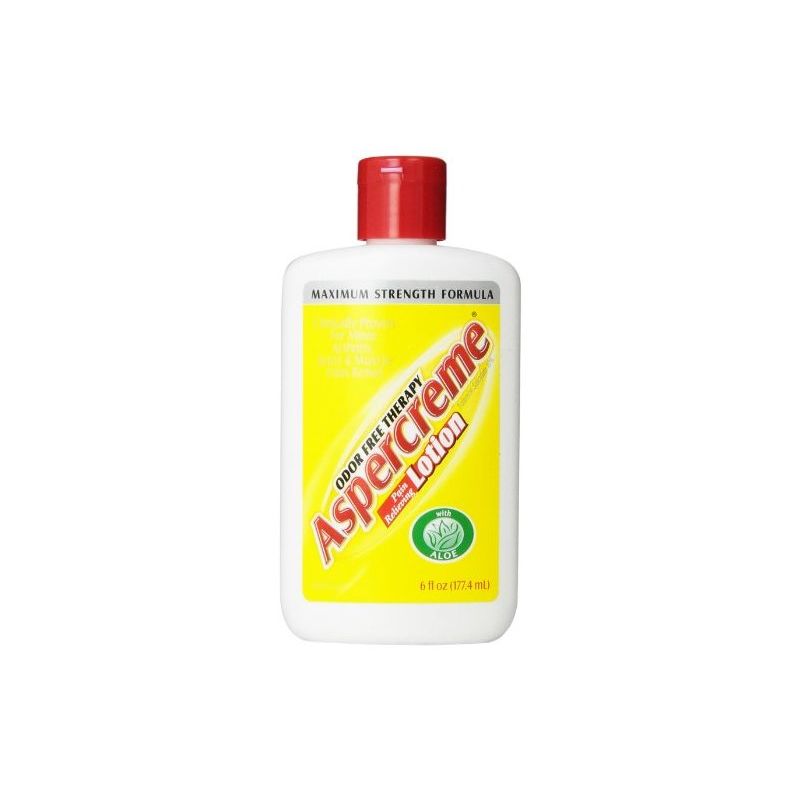 Aspercreme Pain Relieving Lotion with Aloe in a 6 oz bottle, soothing skin care product for pain relief and hydration.