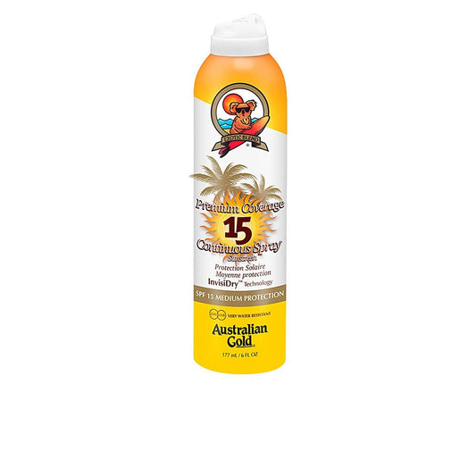 Australian Gold Premium Coverage SPF15 continuous spray in a 6 oz bottle, ideal for skin protection and sun care.