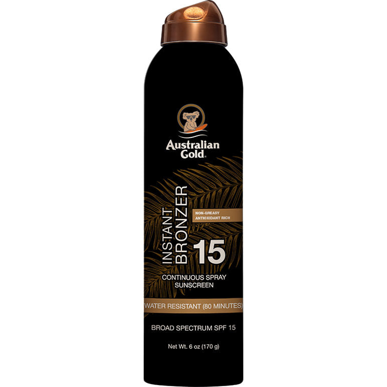 Australian Gold SPF 15 Continuous Spray Bronzer in 6 oz bottle, skin care product with a spray nozzle for easy application