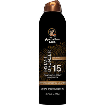 Australian Gold SPF 15 Continuous Spray Bronzer in 6 oz bottle, skin care product with a spray nozzle for easy application
