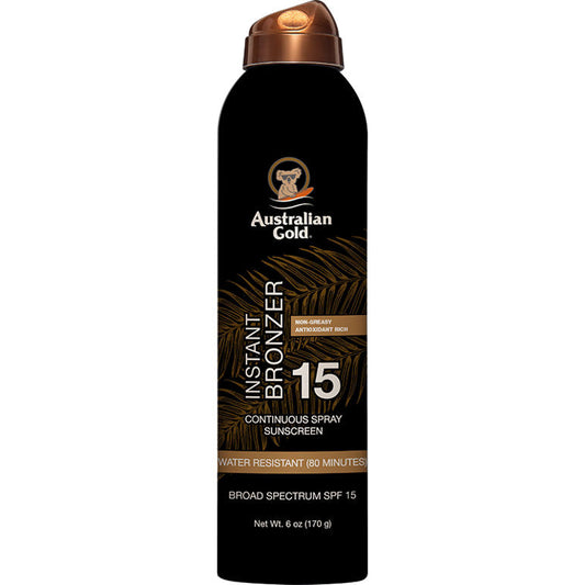 Australian Gold SPF 15 Continuous Spray Bronzer in 6 oz bottle, skin care product with a spray nozzle for easy application