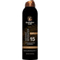 Australian Gold SPF 15 Continuous Spray Bronzer in 6 oz bottle, skin care product with a spray nozzle for easy application