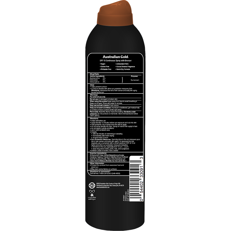 Australian Gold SPF 15 Continuous Spray Bronzer in a 6 oz bottle, skin care product with a spray nozzle for easy application