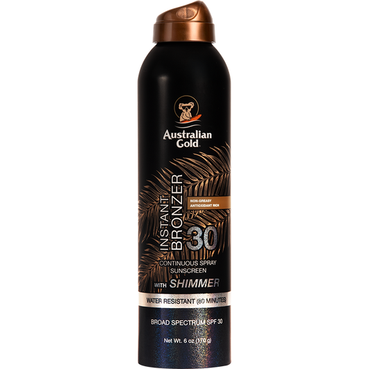 Australian Gold SPF 30 Continuous Spray Bronzer with shimmer, 6 oz bottle, skin care product for sun protection and bronzing.