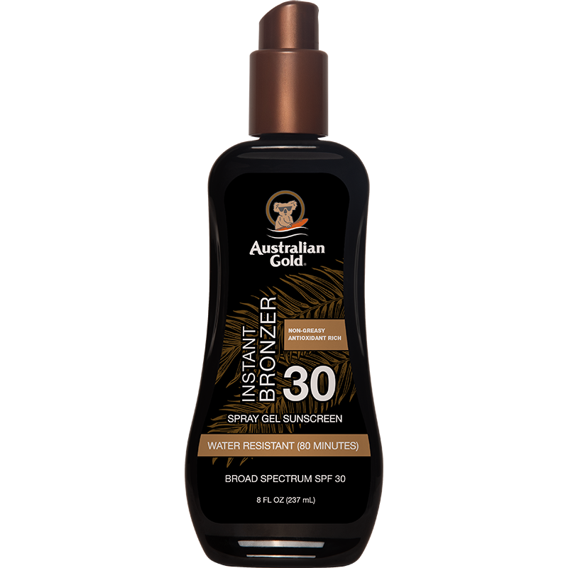 Australian Gold SPF 30 Spray Gel Bronzer in 8 fl oz bottle, featuring golden tint and spray nozzle for easy application