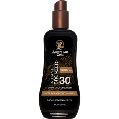 Australian Gold SPF 30 Spray Gel Bronzer in 8 fl oz bottle, featuring golden tint and spray nozzle for easy application