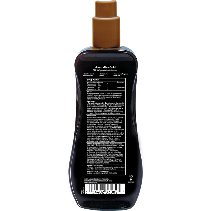 Australian Gold SPF 30 Spray Gel Bronzer in 8 fl oz bottle, a skin care product with a spray nozzle for easy application