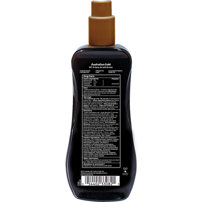 Australian Gold SPF 30 Spray Gel Bronzer in 8 fl oz bottle, a skin care product with a spray nozzle for easy application