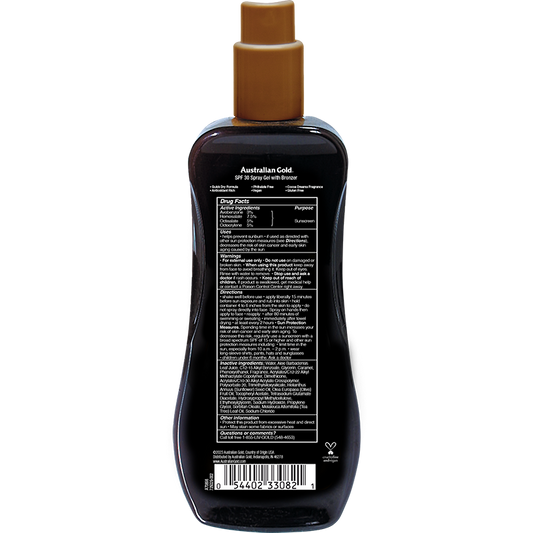 Australian Gold SPF 30 Spray Gel Bronzer in 8 fl oz bottle, a skin care product with a spray nozzle for easy application